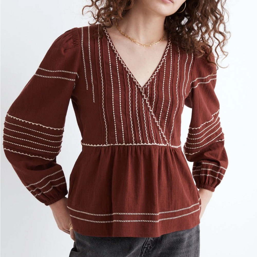 Embroidered faux wrap top